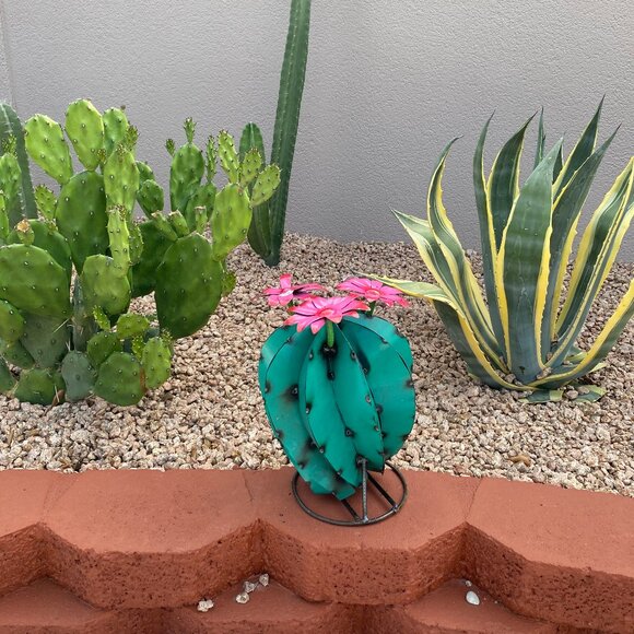 Large Metal Turquoise Bisnaga Cactus with FlowersYard Art Garden Decor
